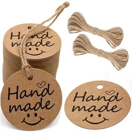 200 st smiley face "handmade" små etiketter (med 40m snöre), 3cm runda presentetiketter i kraftpapper, runda snöre-etiketter