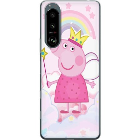 Yhteensopiva Puhelinkuori Sony Xperia 5 III Peppa Pig prinsessamotiivi kruunulla, siivillä ja sateenkaarella, satumainen lasten kuvitus pilvitaustall