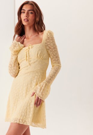 BUBBLEROOM - Square Neck Lace Dress - Light yellow