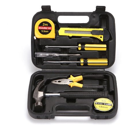 Lille værktøjssæt til husejere, 9-delt universelt lille husholdningsværktøjssæt med værktøjskasse i plast