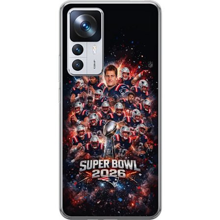 Yhteensopiva Puhelinkuori Xiaomi 12T Super Bowl 2026 juliste, jossa New England Patriots ja NFL-mestaruuspalkinto räjähtävän urheilullisessa suunnitte