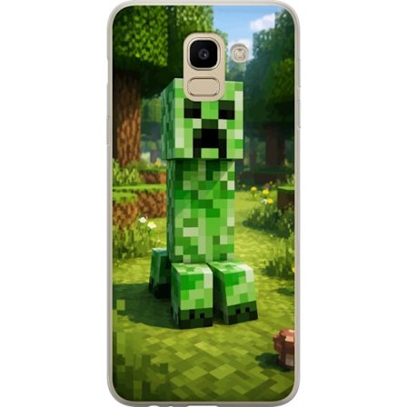 Kompatibelt Mobilskal till Samsung Samsung Galaxy J6 Block-baserad Creeper-figur i en grön pixell värld, ikonisk spelillustration för barnrum, game