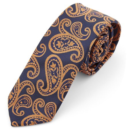 Navy & Orange Paisley Polyester Tie for Men - Patterned Ties