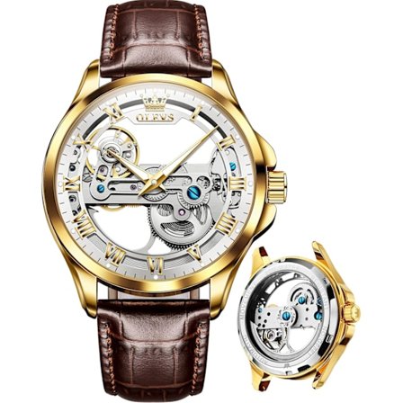 Automatiska mekaniska herrklockor med skelett, vattentäta bruna svarta läder rosa herrarmbandsur