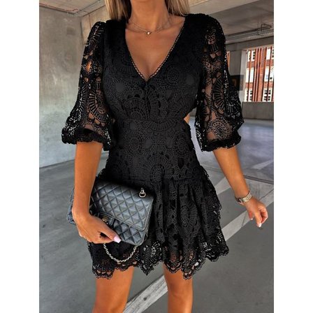 Dame Blondekjole Elegant Dame Slim V-hals Casual Kjole Halv Erme Hul Løs Mini Kjole