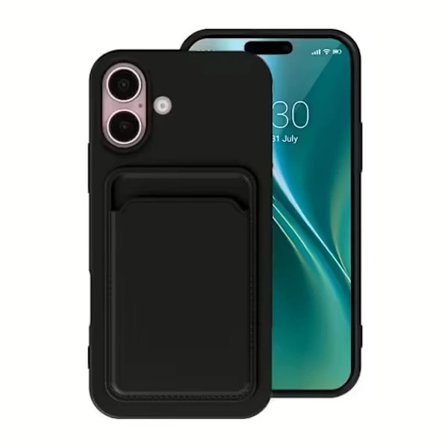 iPhone 16 Silicone Case with Card Holder - Black