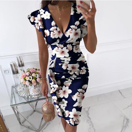 Sexig V-ringad Slim Office Damklänning Volang Kortärmad Bodycon