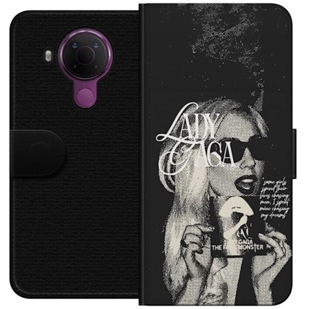 Yhteensopiva Lompakkokotelo Nokia 5.4 Lady Gaga mustavalkoinen retrojuliste aurinkolaseilla ja pop-taide-estetiikalla