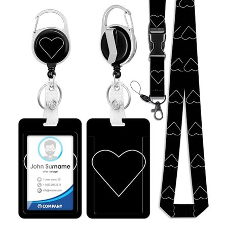 Kortholder med uttrekkbar snor (svart kjærlighet), ID-kortholder og ID-kortholder med uttrekkbar snor for skrivebord, nøkler, mobiltelefoner, busskort