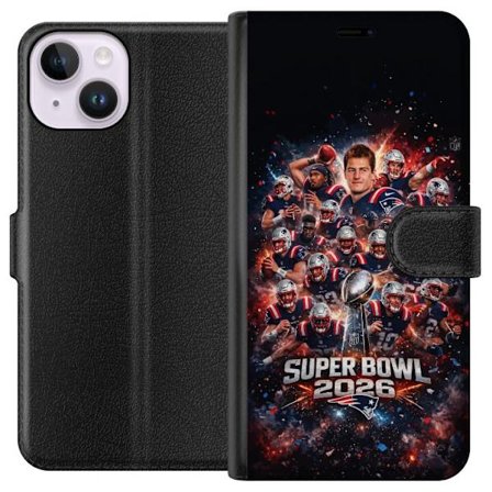 Kompatibel Tegnebogsetui til Apple iPhone 15 Super Bowl 2026 plakat med New England Patriots og NFL-pokal i eksplosiv sportsdesign