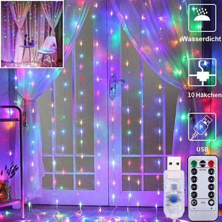 3X3M 300 LED Ljusslinga Gardin 8 Ljuslägen Inomhus Utomhus Juldekoration USB Ljusslinga med Fjärrkontroll, Flerfärgad