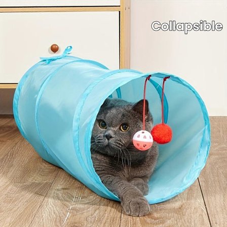 Sammenleggbar kattleketunnel i stoff - Interaktivt mororør med bjelleleke for innendørs kattevenner - Slitesterk, enkel å montere[D]