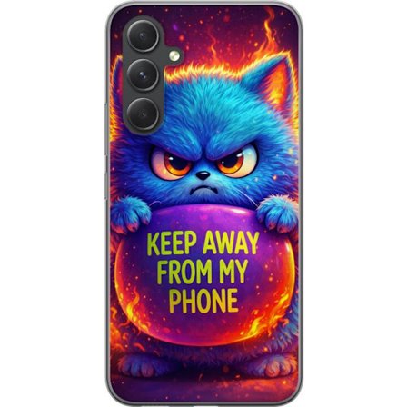 Kompatibel Mobilcover til Samsung Samsung Galaxy A55 Vred luvat blå kat med teksten "Hold dig væk fra min telefon" i neonfarver og ildlignende effek
