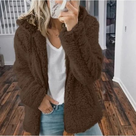 Plysjjakke med hette for kvinner, fluffy fleece-hettegenser, varm vinterjakke, avslappet, kaffefarge, størrelse L Coffee L
