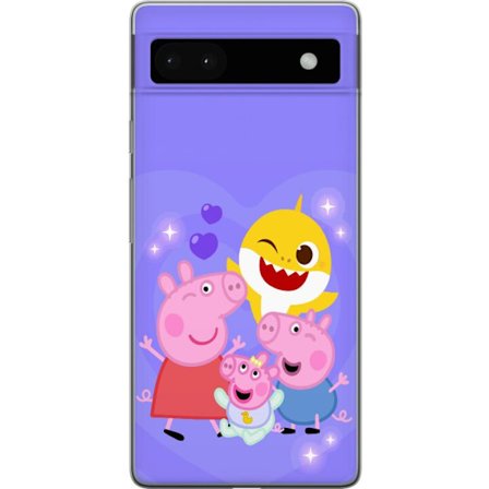 Kompatibel Mobilcover til Google Pixel 6a Peppa Gris mønster med hjerter, sommerfugle og venner, lyserød baggrund i bløde børneillustrationer