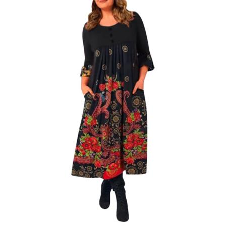 Kvinnor Lös Klänning O-hals Långärmad Party Casual Blommor Print