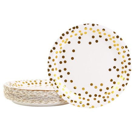 Pakkaus, jossa 50 juhlalautasta, 23 cm, musta kultalautanen, paperilautanen, kertakäyttöastiat, syntymäpäivä BBQ-juhliin, syntymäpäivä- tai 