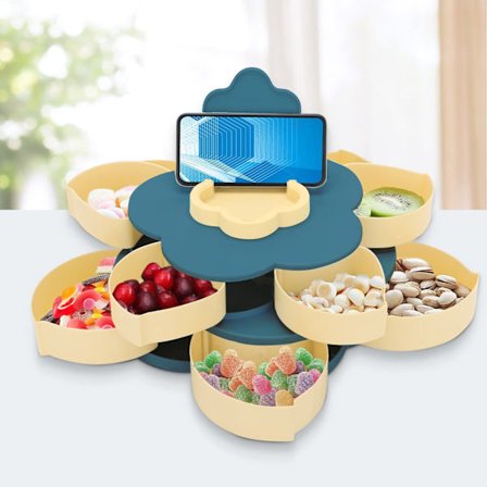 Blomsterformet roterende slikæske 2-lags blomster snackæske roterende frugtbakke multifunktionel plastik blomster snackæske med telefonholder