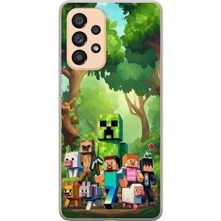 Kompatibel Mobilcover til Samsung Galaxy A53 5G Klodset pixeleret spilverden med grønne figurer og dyr i frodig skovmiljø