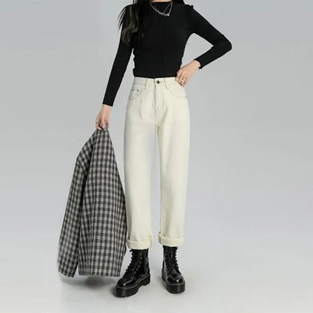 FINORD Hög midja avslappnade baggy jeans dam koreansk höst jeans streetwear Harajuku vintage vinter raka denimbyxor beige