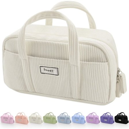 Stort penalhus, ekstra stort penalhus med 5 rum, penalhus med bred åbning, blødt fløjlsstof penalhus organizer med lynlås - Beige hvid