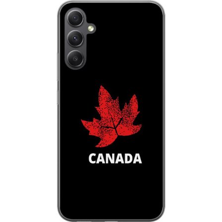 Kompatibelt Mobildeksel til Samsung Galaxy A25 Grafisk lønnebladsymbol i rødt mot svart bakgrunn med tydelig kanadisk referanse og minimalistisk des