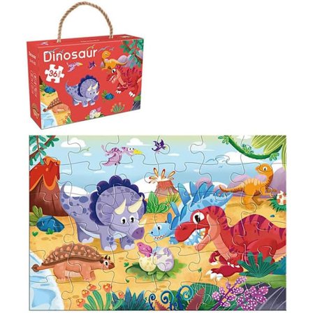 (Dinosaur) Barnas puslespillsett - Dyr, skog, dinosaur og havtema - Papirpusslespill, trygt, 36 brikker - Bærbar oppbevaringsboks