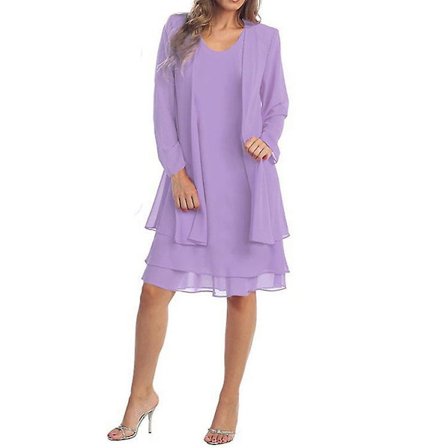 Dame Chiffon Kjolesæt Rund Hals Langærmet Todelt Kjole