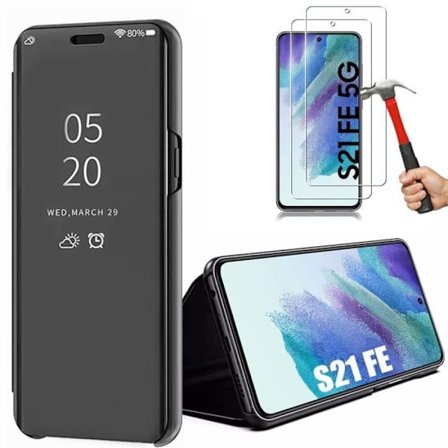 Coque - BOOLING - för Samsung Galaxy S21 FE - Spegel effekt svart - Genomskinligt fönster - 2 härdade glas
