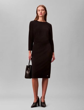 Calvin Klein Stretch Crepe Ls Gathered Dress - Black - 38