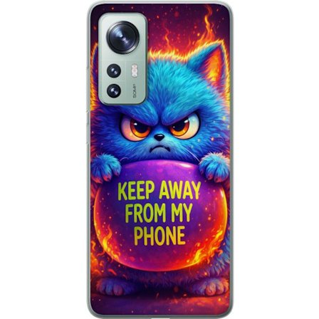 Kompatibel Mobilcover til Xiaomi Xiaomi 12 Vred luvat blå kat med teksten "Hold dig væk fra min telefon" i neonfarver og ildlignende effekter, humor