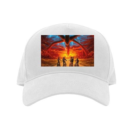 Kasket Dramatisk fantasyillustration med et enormt overnaturligt monster, lyn og cyklende børn på vej mod en glødende horisont.