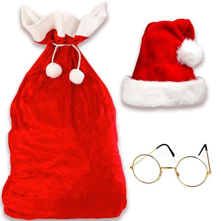 Julesæk + Julemandshat og briller. Stor rød julegavepose i fløjl, gaveposer, røde og hvide briller og hat. Kostume til julefesten.