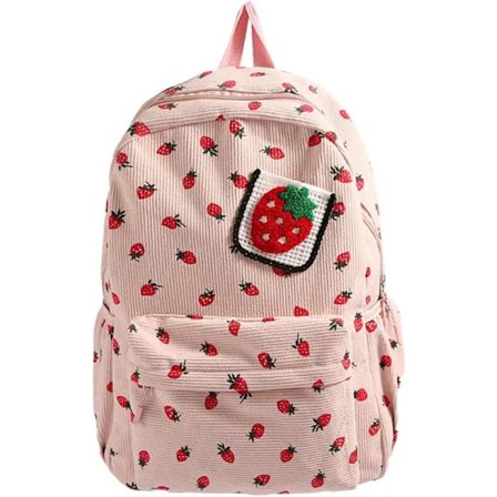 Rygsæk – Skoletaske – Canvas Rygsæk, Jordbærprint – 31×14×44 cm – Pink