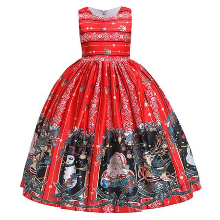 Toddler Santa Print Crew Neck Party Dress Kortärmade Klänningar