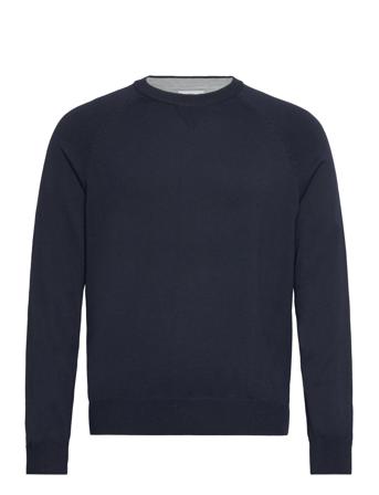 Fine-Knit Cotton Sweater Strikkegenser M. Rund Krage Marineblå Mango*Betinget Tilbud