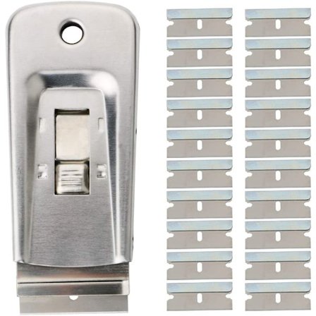 Malingsskrape, sammenleggbar barberblad vindusfilmverktøy, mini rustfritt stål skrape med 25 blader for fjerning av tape, klistremerker, lim og mer