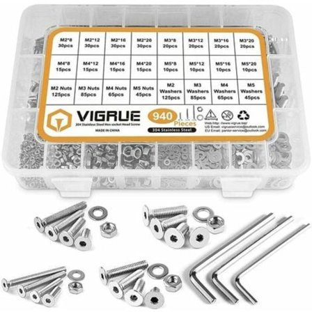 940 stycken M2 M3 M4 M5 304 rostfritt stål platt huvud med muttrar och brickor hårdvaruskruvar med låda