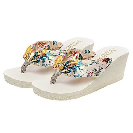 1 par flip-flops sommer platform sko boheme stil silke satiner strandsko kile sandaler - Størrelse 39 7.5US 5UK 38.5EU (Beige)