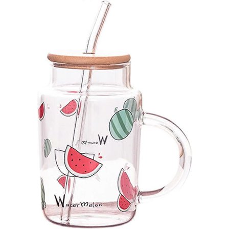 Klar Glasmugg med Lock och Sugrör, 15 Oz Dryckesglas Juicekopp, Söt Vattenmelonmönster