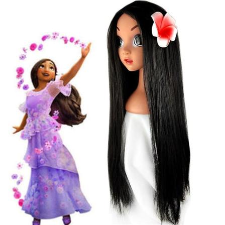 Encanto Isabela Halloween Cosplay 70cm Lang Lige Sort Syntetisk Hår Paryk Med Blomst Fest Fulde Parykker Fancy Dress Rekvisitter[DB]
