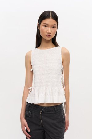 Cotton Poplin Smock Tie String Top Bright White 40