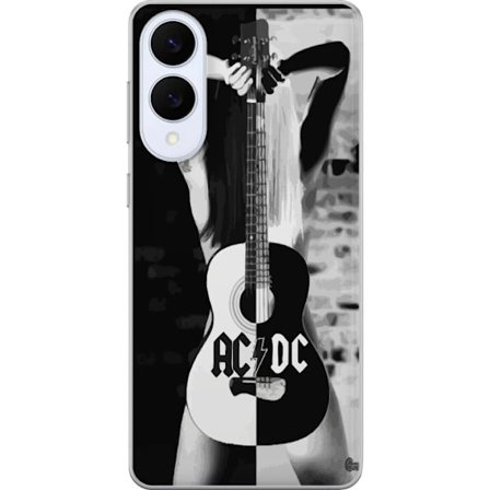 Yhteensopiva Puhelinkuori Samsung Galaxy S25 Edge ACDC Kitaratyttö aihe mustavalkoisella rock-suunnittelulla nainen kitaralla musiikin ja rock-rakasta