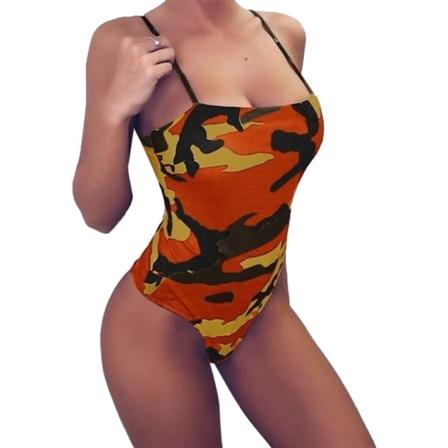 Sexig dam onesize kamouflage spaghettiband baklös bikini baddräkt (röd M)