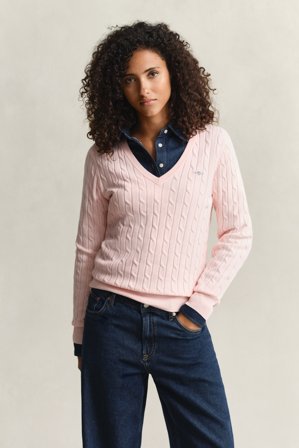 GANT Damen V-Neck Pullover mit Zopfmuster (XXXL) Rosa