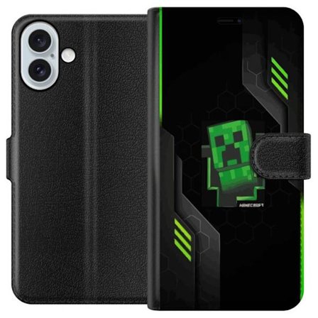 Yhteensopiva Lompakkokotelo Apple Apple iPhone 16 Plus Vihreä pikselipohjainen peli-esitys, jossa on futuristisia neon-elementtejä ja tumma tech-tau