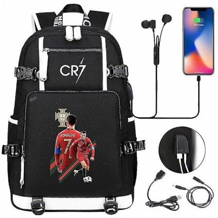 Cr7 ryggsekk med usb-ladeport, svart - skolevesker med stor kapasitet for tenåringer, vanntett reise bærbar PC Mochilas for menn og kvinner