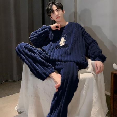Pyjamas i tykk flanell for menn Coral Fleece-fôret hjemmedress Navy blue 2XL [150-180 kg]