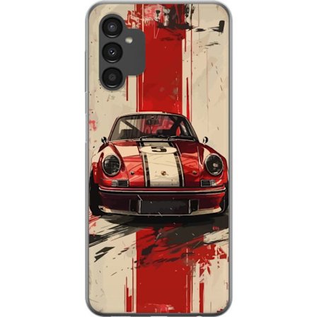 Samsung Galaxy A04s Genomskinligt Skal Klassisk röd racingbil med vita ränder retro sportbil illustration för bilälskare och motorsportfans