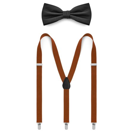 Black Pre-Tied Bow Tie & Brown Braces Set for Men - Bow Tie Sets